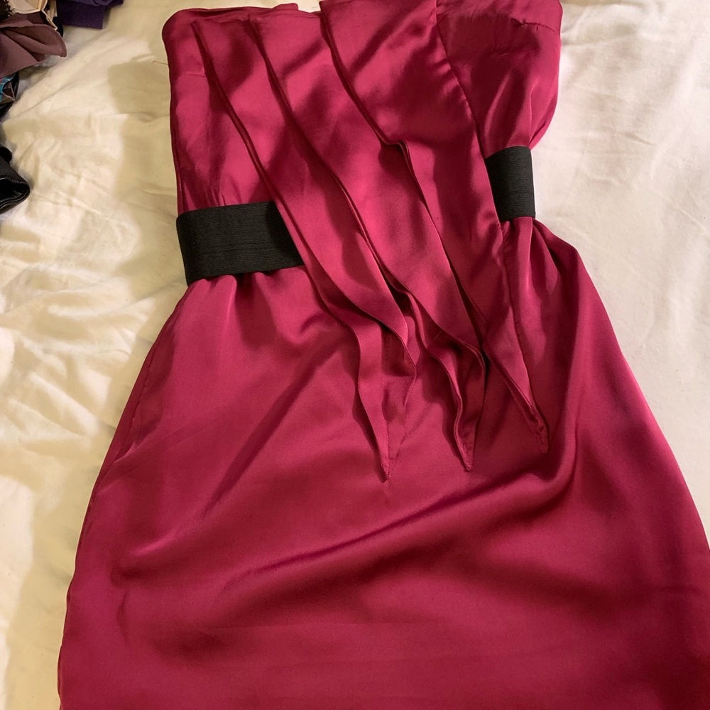 magenta colored strapless dress